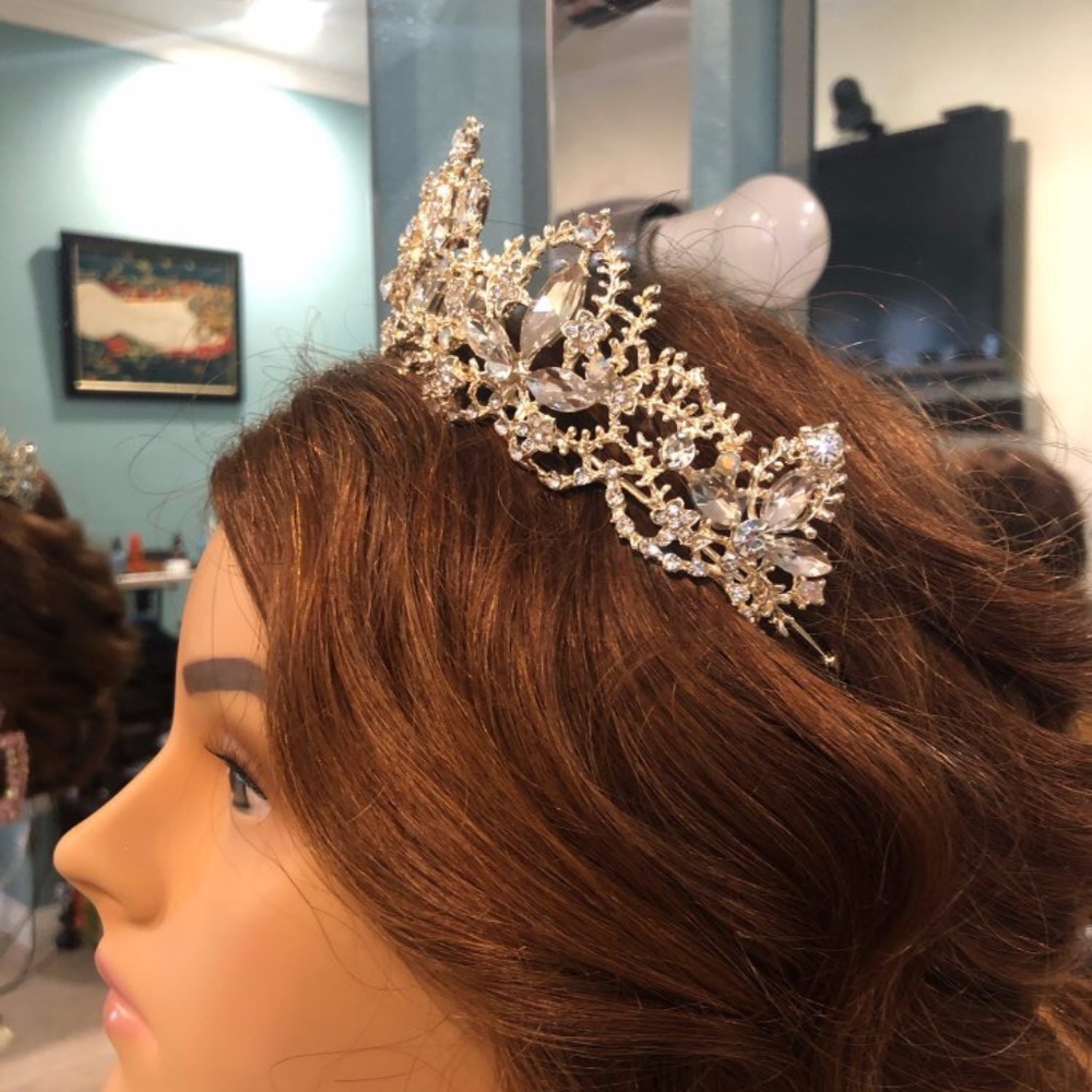 Gold Crystal Rhinestone Embellished Wedding Crown - Picture 6 of 8